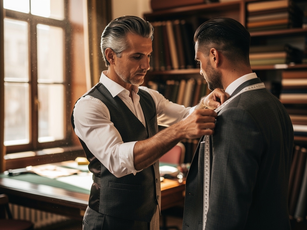 Croitor în atelier luând măsuri pentru costum bărbătesc